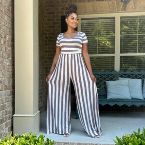 Wide Stripe Pattern Comfy Stretch Jumpsuit