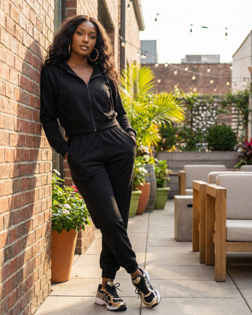 Essential Hoodie Zip Up Set (Black)